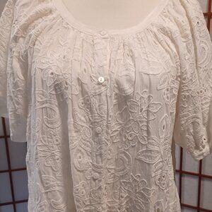 KAREN KANE seldom worn Short Sleeve Peasant Top - L- White Eyelet  - Good Co…